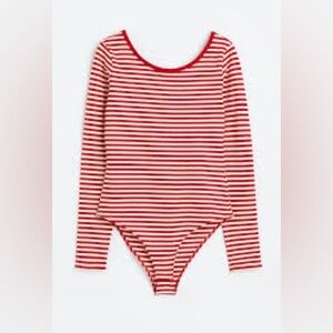 H&M - Red And White Stripe Low Criss Cross Back Long Sleeve Bodysuit Size Small